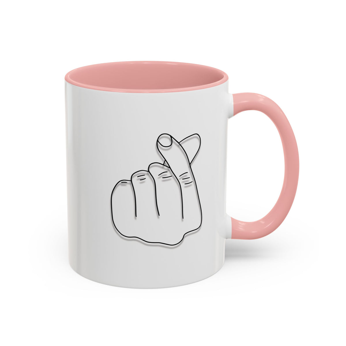 Minimal Korean finger heart accent coffee mug by Printify, 11oz or 15oz, featuring a simple, stylish design on a ceramic mug.