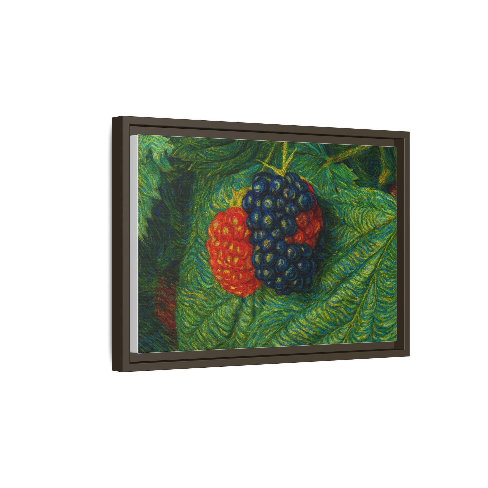 Blackberry still life framed canvas print on wall, featuring realistic blackberries and foliage in a natural setting.