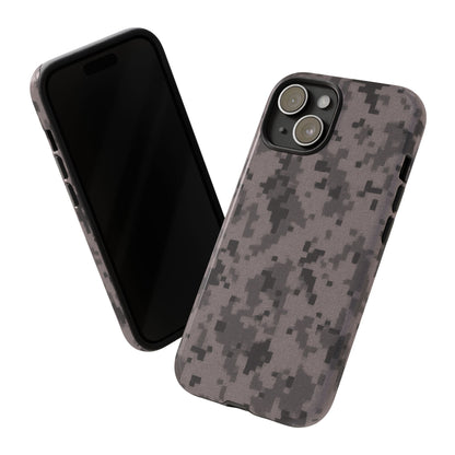 Gray digital camouflage phone case by Printify, tough protective cover for smartphones with camouflage pattern.