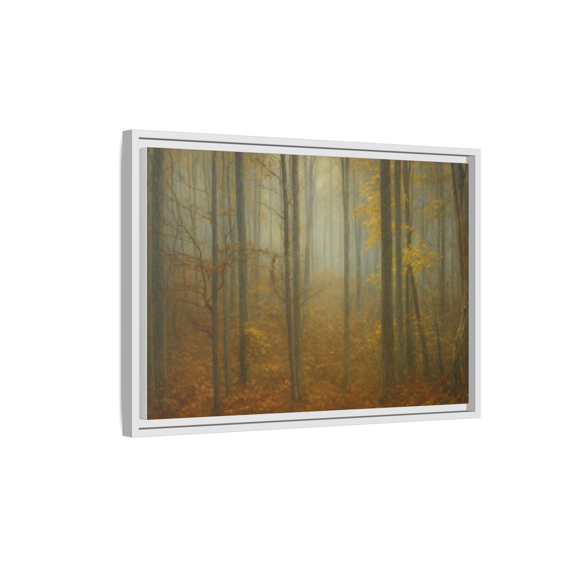 Framed matte canvas wall art of a misty autumn forest scene, showcasing vibrant fall trees and atmospheric landscape.