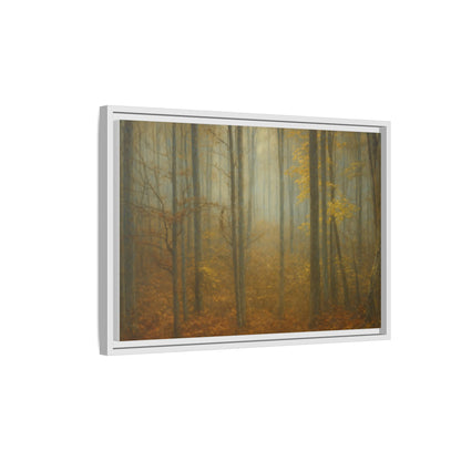 Framed matte canvas wall art of a misty autumn forest scene, showcasing vibrant fall trees and atmospheric landscape.