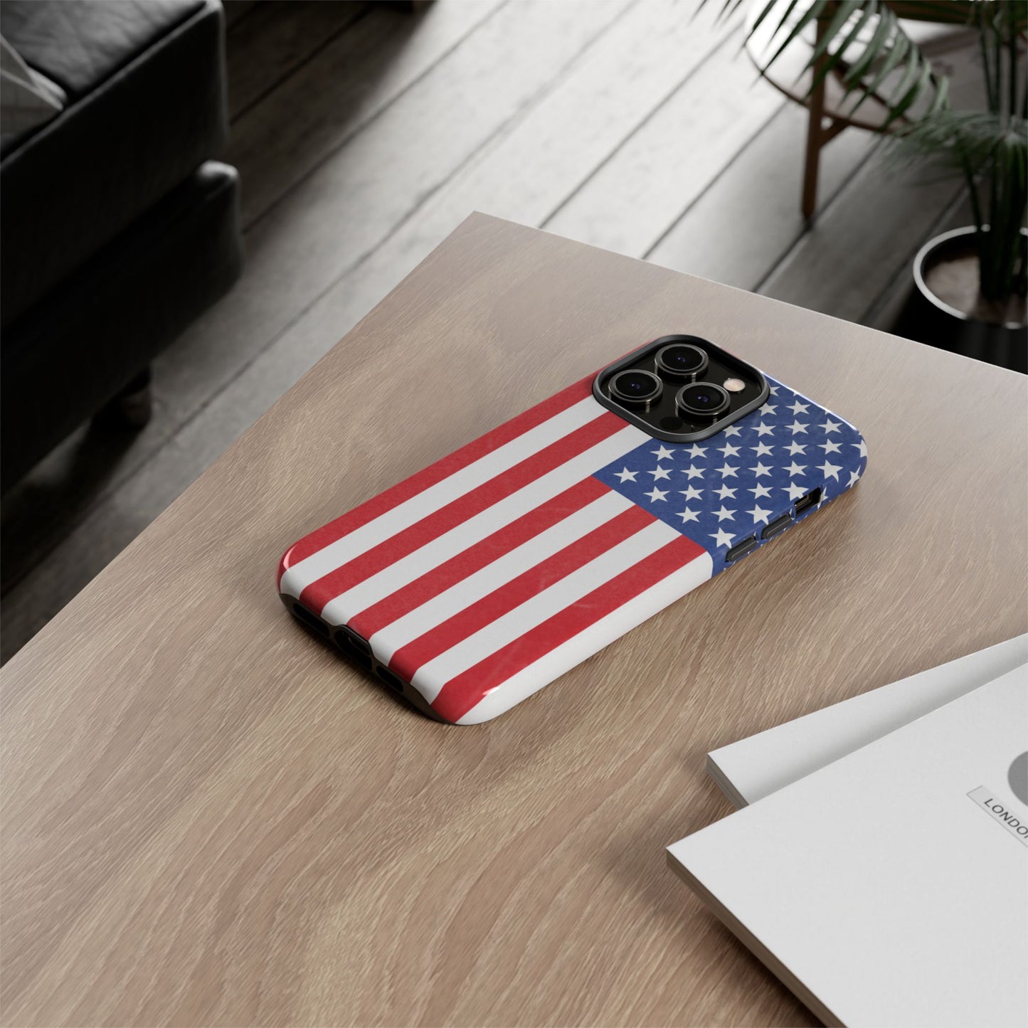 American flag tough phone case for iPhone, durable patriotic design with bold stars and stripes by Printify.