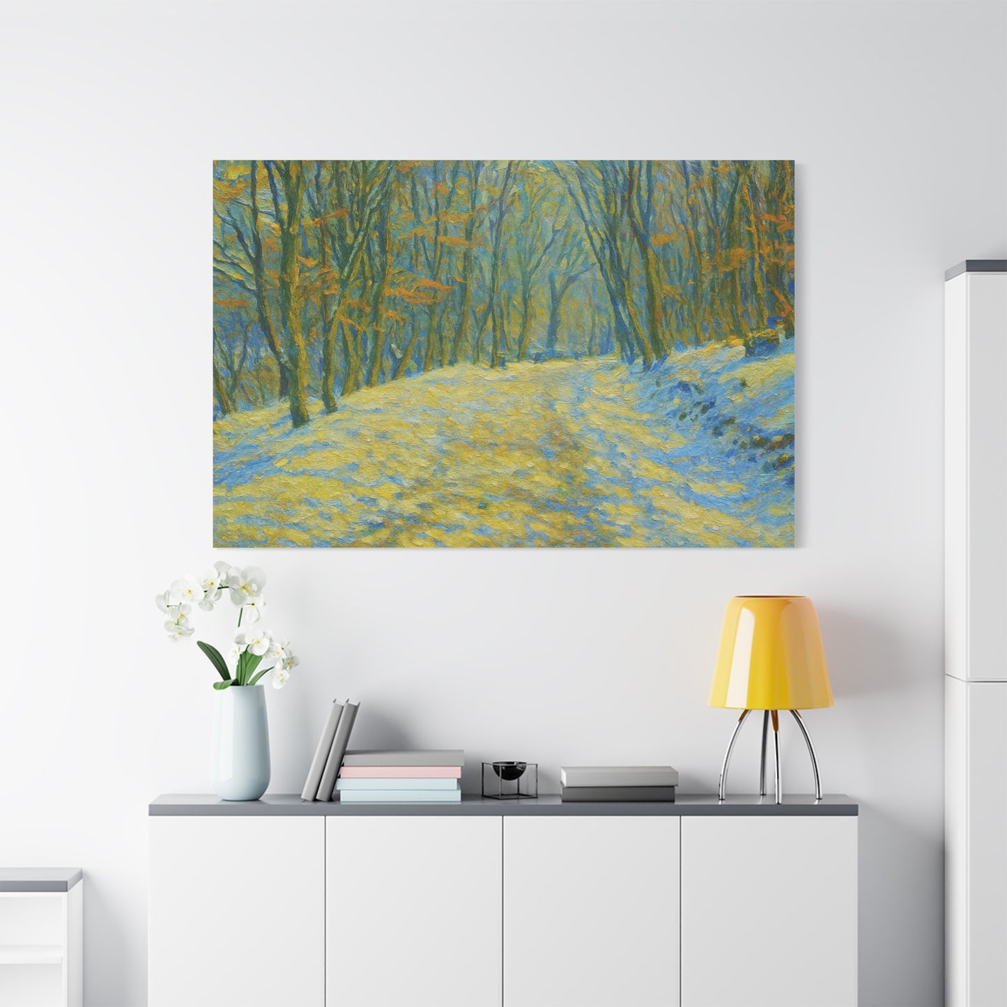 Winter landscape canvas wall art by Printify featuring a cozy nature scene, perfect for living room decor.