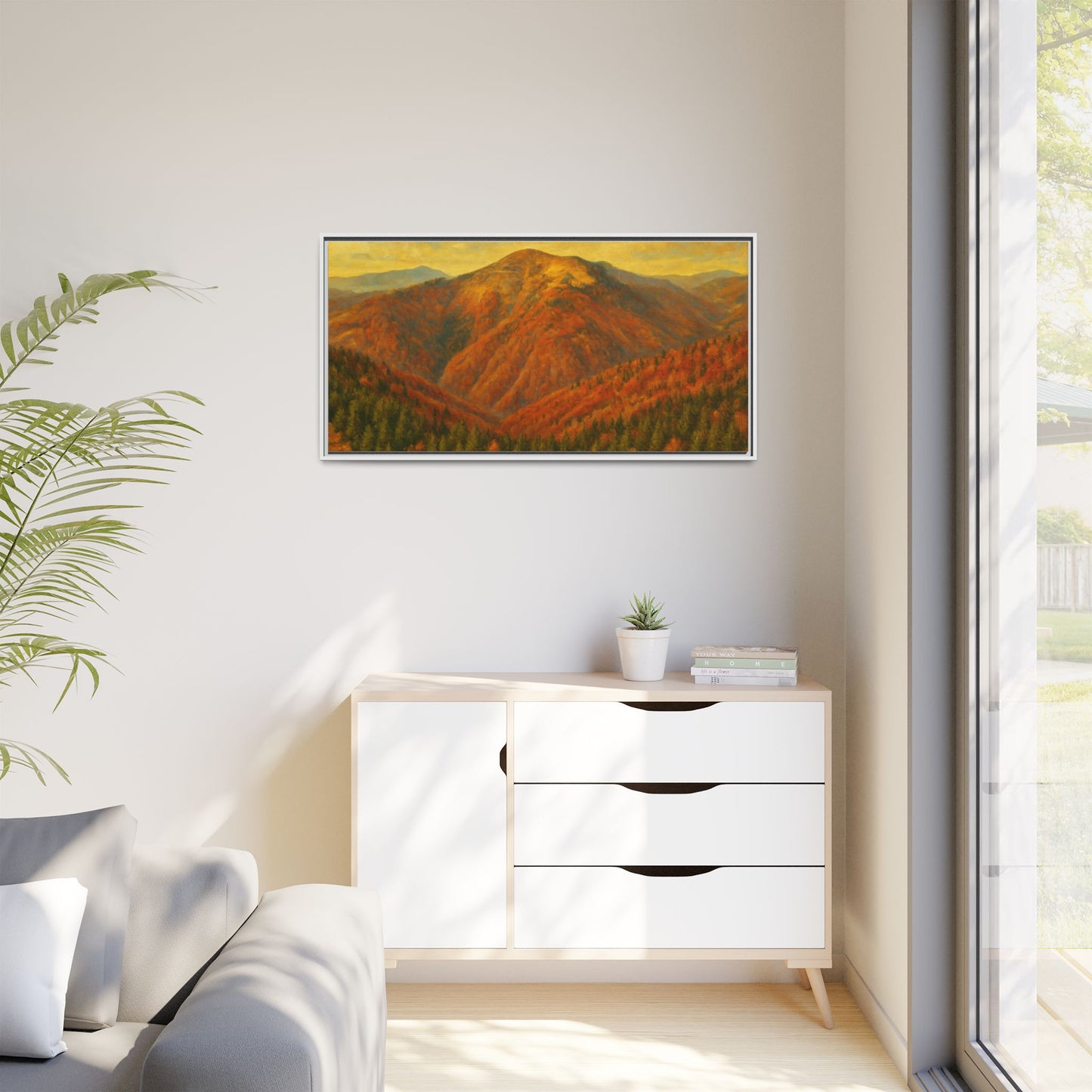 Autumn mountain landscape canvas wall art by Printify featuring a matte framed print of a scenic mountain scene.