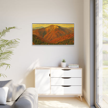 Autumn mountain landscape canvas wall art by Printify featuring a matte framed print of a scenic mountain scene.