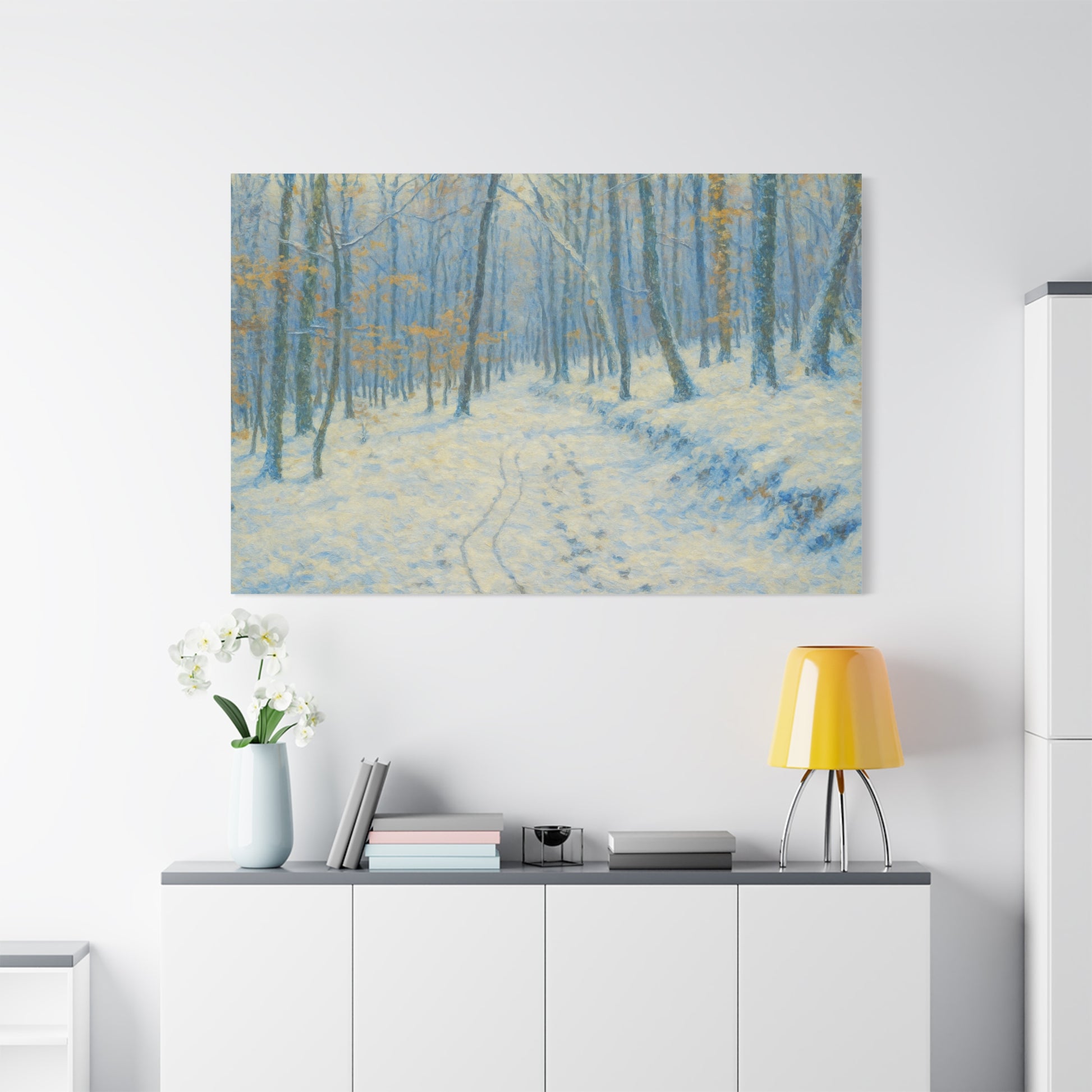Winter woodland canvas print featuring a snowy forest scene, matte stretched wall art by Printify.