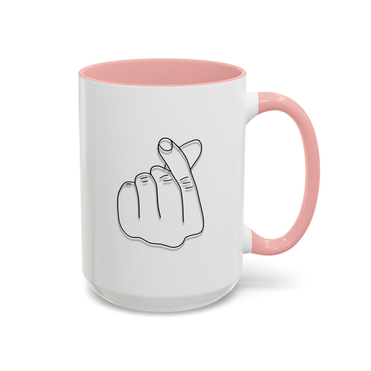 Minimal Korean finger heart accent coffee mug by Printify, 11oz or 15oz, featuring a simple design on a ceramic mug.