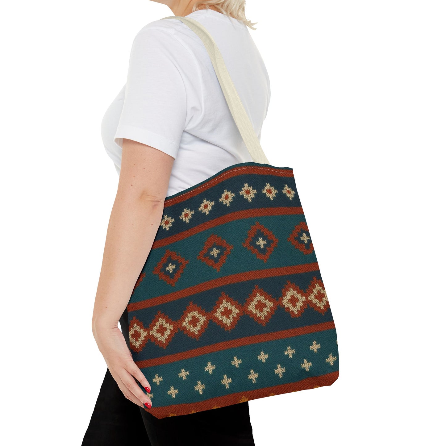 Southwestern diamond pattern tote bag with Aztec tribal geometric print, featuring sturdy straps and vibrant design.