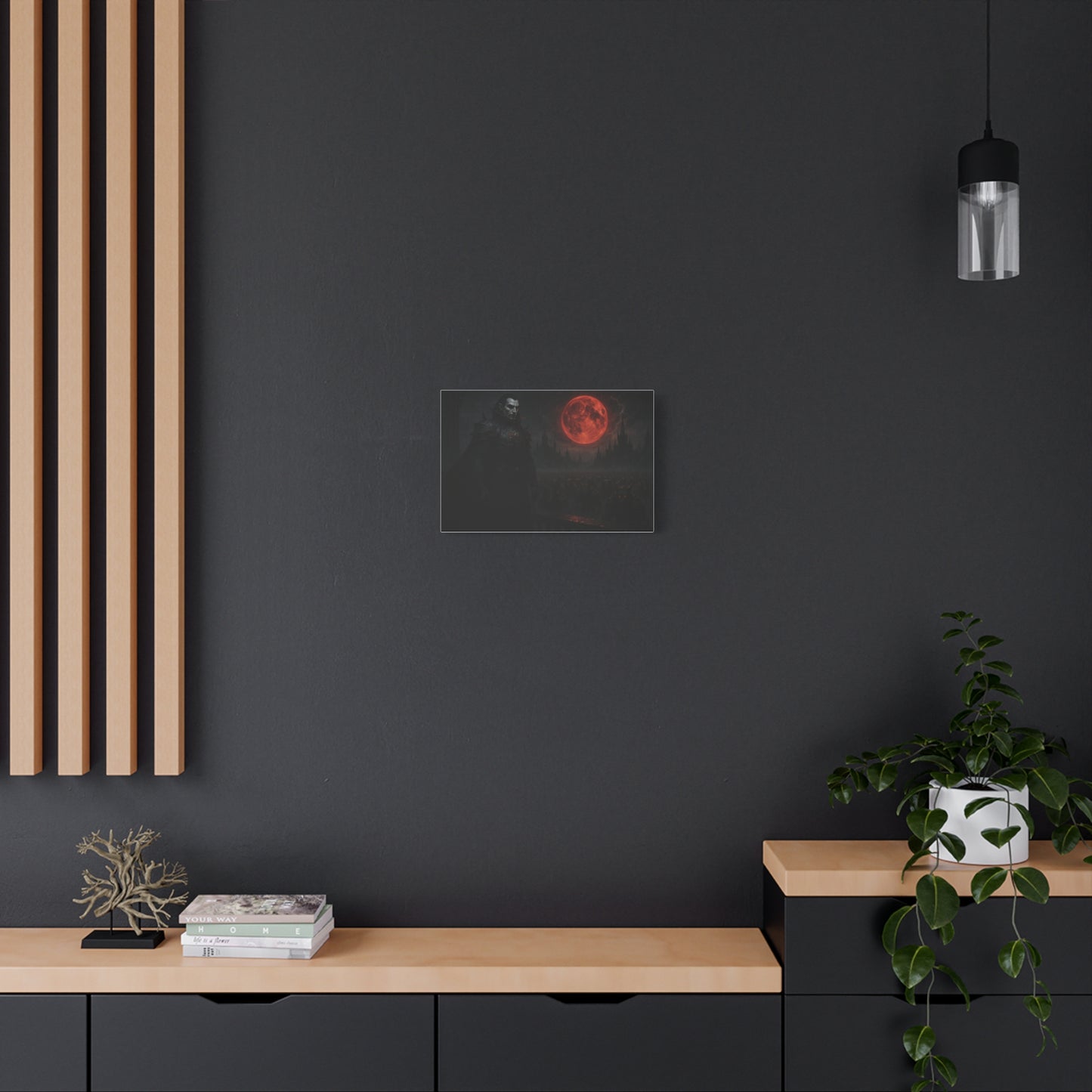 Red moon vampire lord matte canvas print by Printify featuring dark, gothic artwork of a vampire with a glowing red moon in the background.
