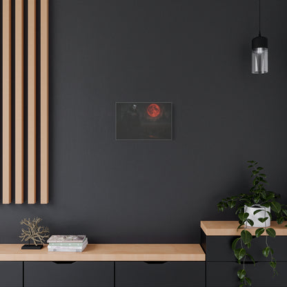 Red moon vampire lord matte canvas print by Printify featuring dark, gothic artwork of a vampire with a glowing red moon in the background.