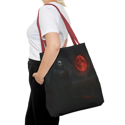 Gothic Dracula tote bag featuring moonlit vampire art, perfect for Halloween or gothic fashion accessories.
