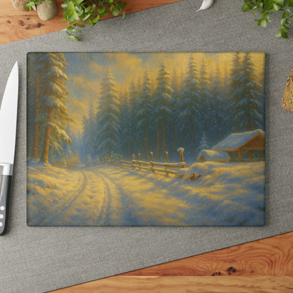 Winter Cabin Glass Cutting Board – Snowy Forest Scenic Kitchen Décor
