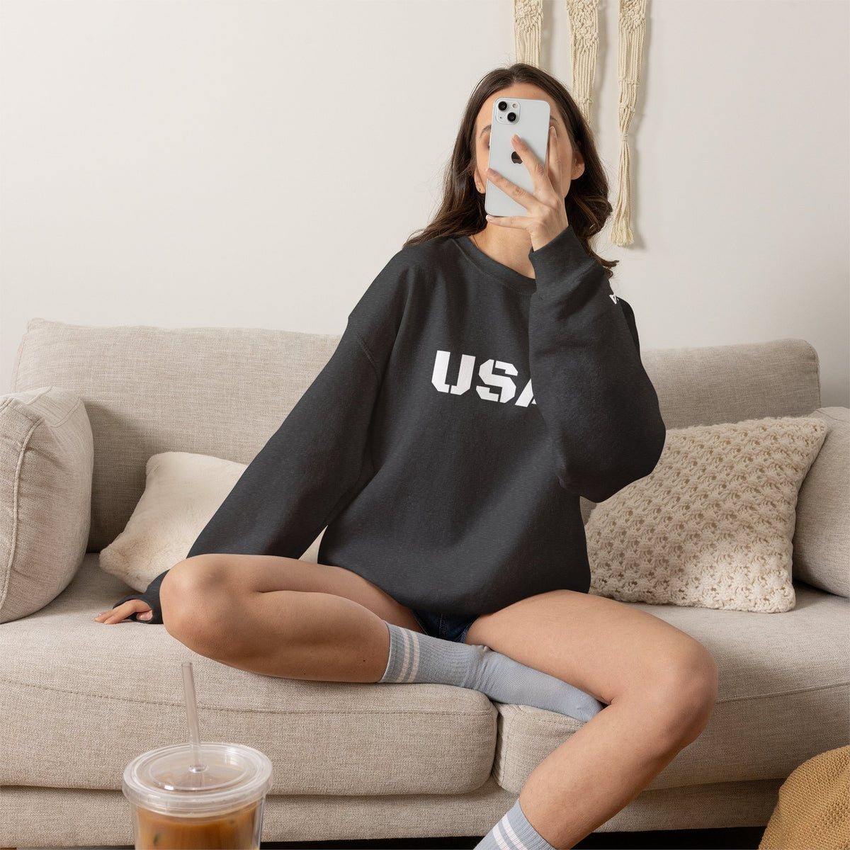 USA crewneck sweatshirt by Printify featuring patriotic design, cozy fit, perfect for all seasons, shown in a casual style image.