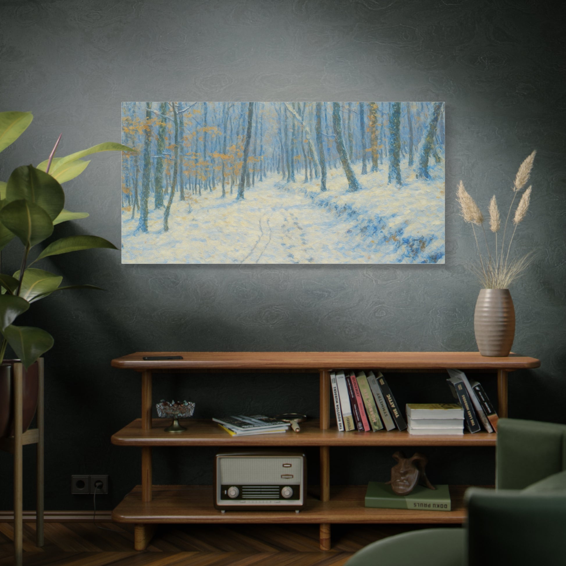 Winter woodland canvas print by Printify featuring a snowy forest scene on matte stretched wall art.