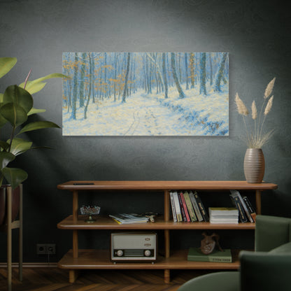 Winter woodland canvas print by Printify featuring a snowy forest scene on matte stretched wall art.