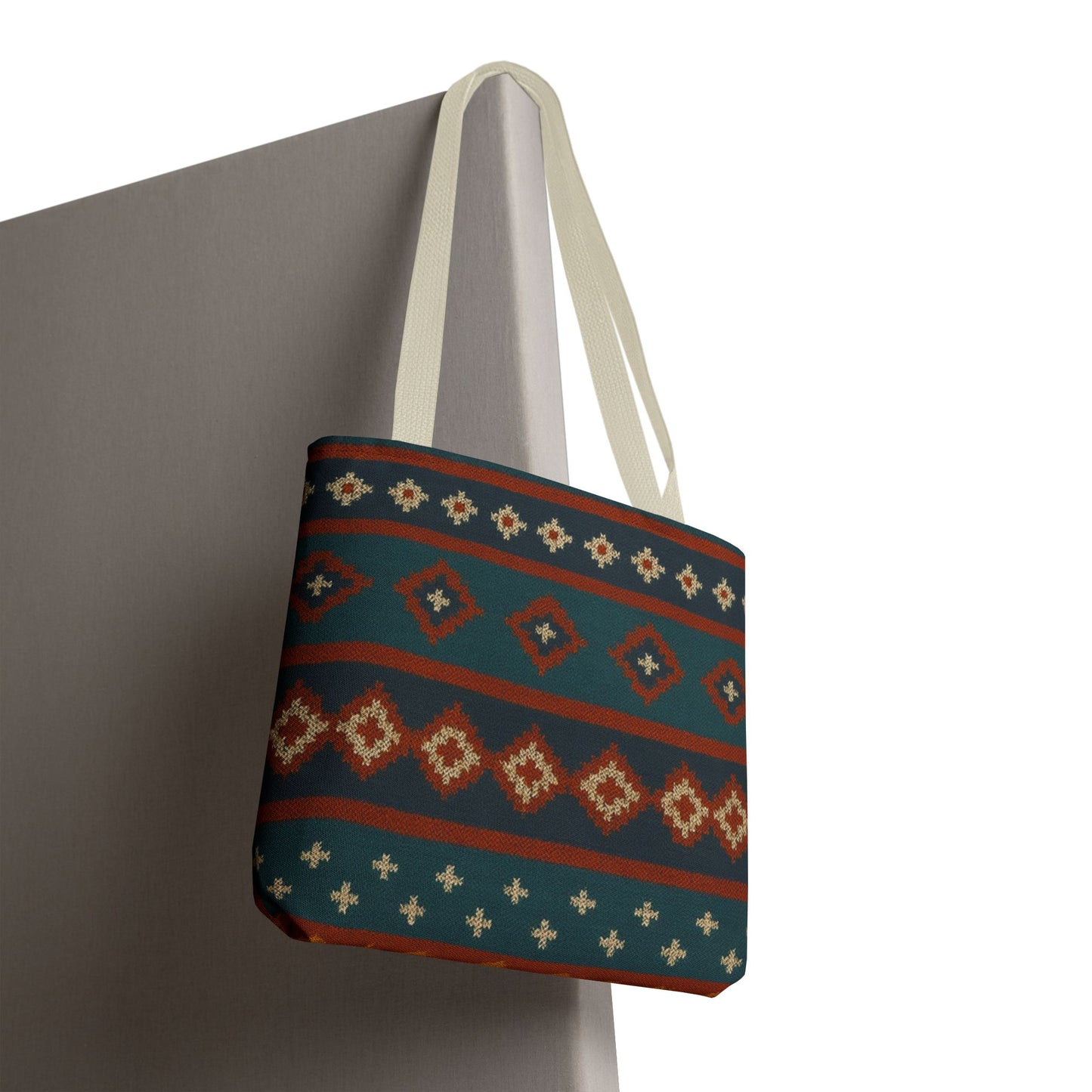 Southwestern diamond pattern tote bag with Aztec tribal geometric print, featuring sturdy fabric handles and vibrant tribal design.