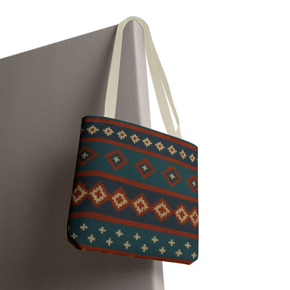 Southwestern diamond pattern tote bag with Aztec tribal geometric print, featuring sturdy fabric handles and vibrant tribal design.