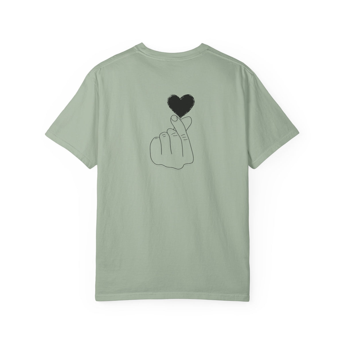 Black T-shirt with a minimal white finger heart graphic, featuring a simple heart design on the front.