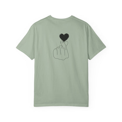 Black T-shirt with a minimal white finger heart graphic, featuring a simple heart design on the front.