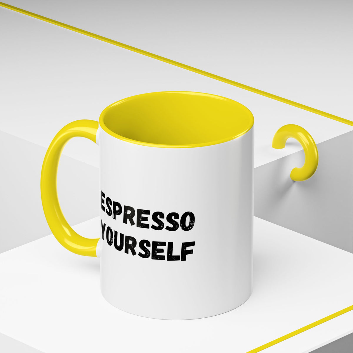 Funny Espresso Yourself coffee mug with "Espresso Yourself" text, 11 oz ceramic mug for coffee lovers, by Printify.