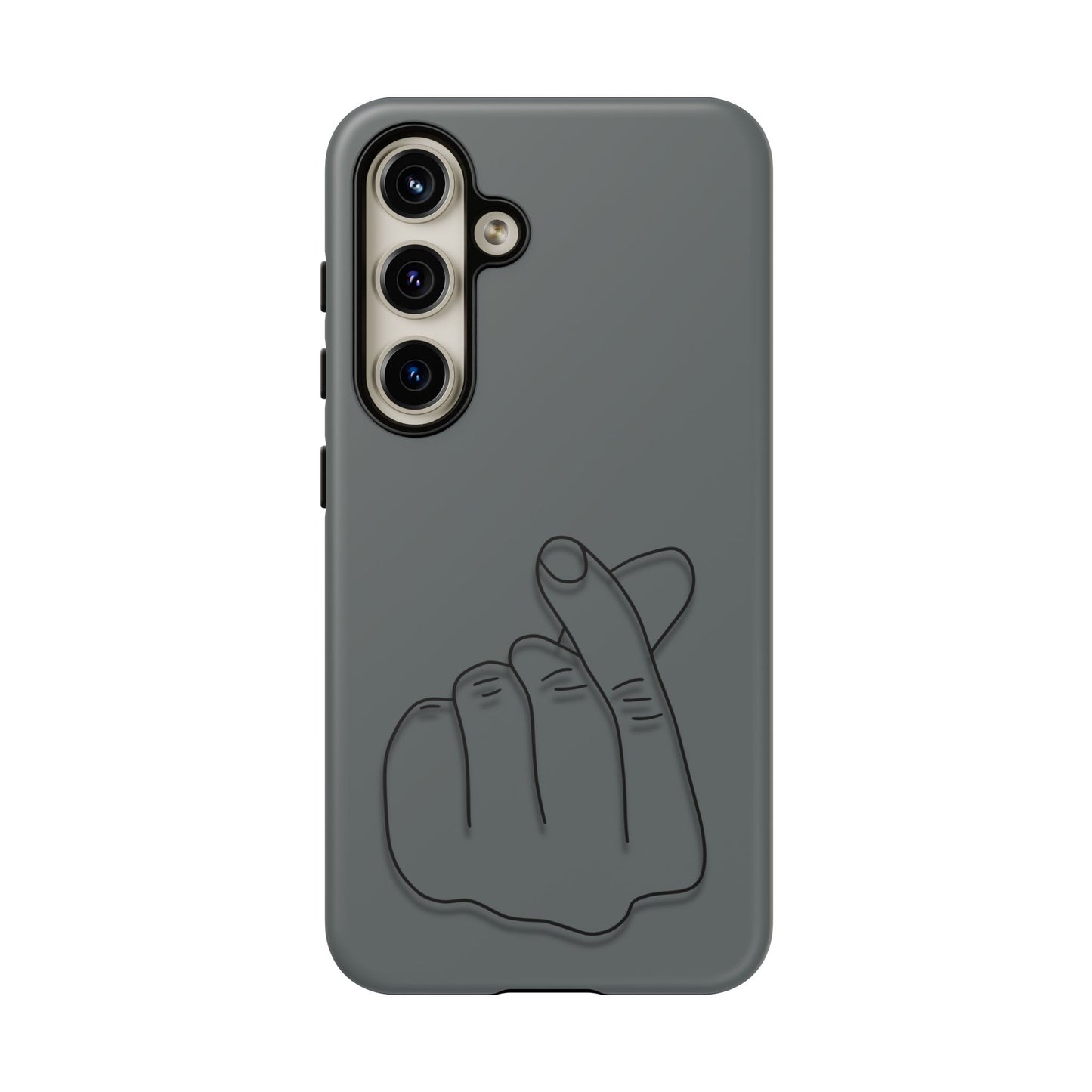 Silicone phone case with embossed Korean finger heart design, compatible with various smartphones, by Printify.