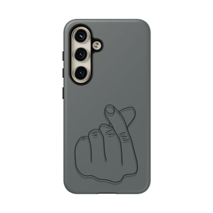 Silicone phone case with embossed Korean finger heart design, compatible with various smartphones, by Printify.