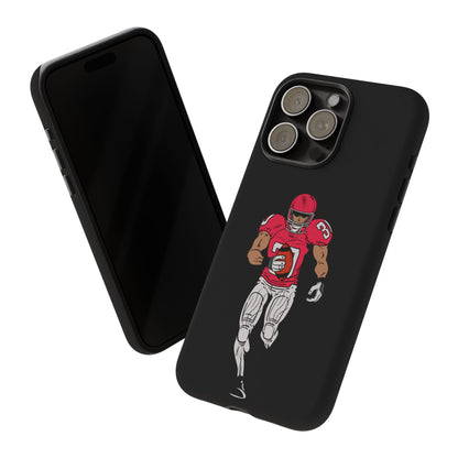 Black football player tough phone case for iPhone, protective sports design by Printify, featuring athletic athlete imagery.