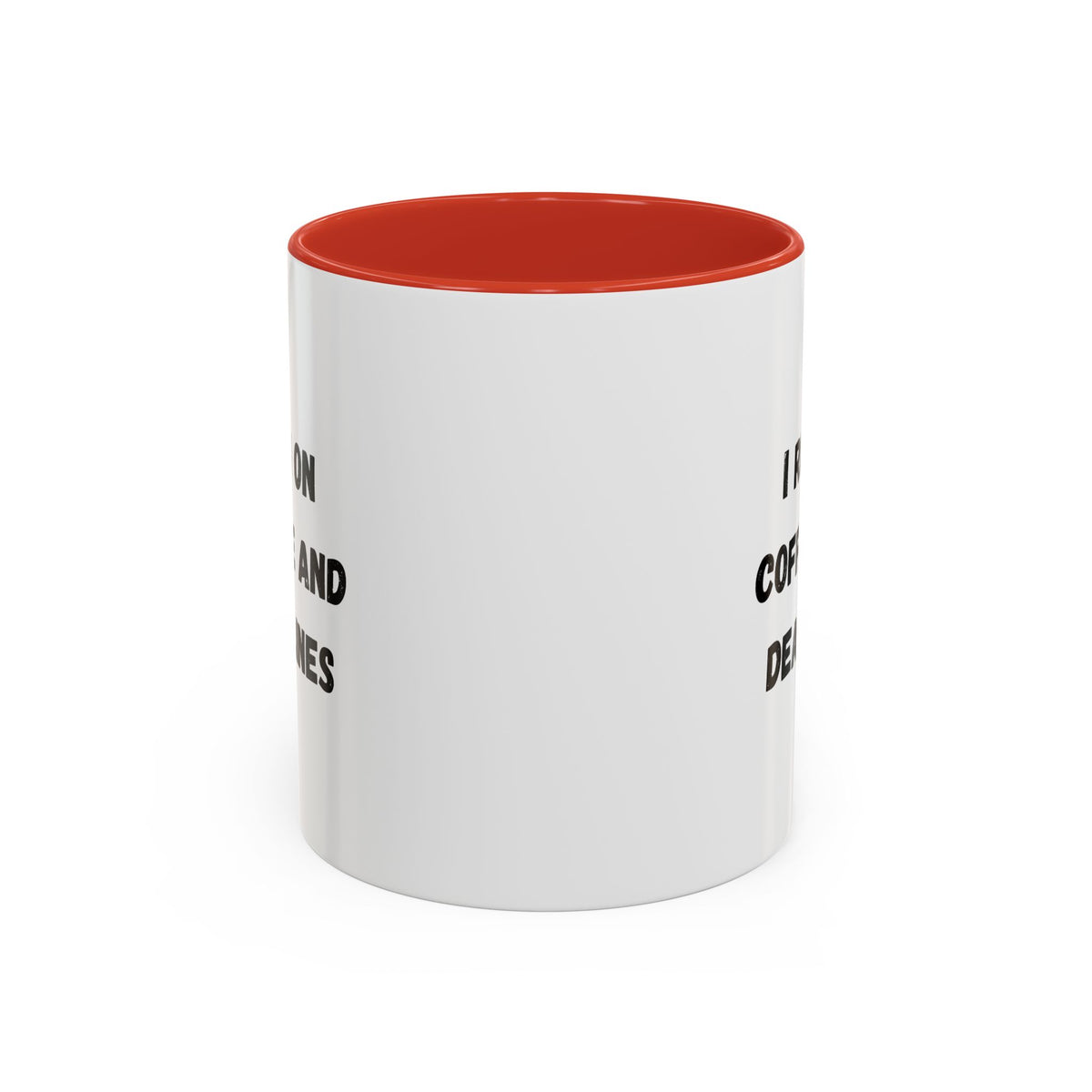 White ceramic mug with black text that reads "I Run on Coffee and Deadlines," ideal for coffee lovers and busy professionals.