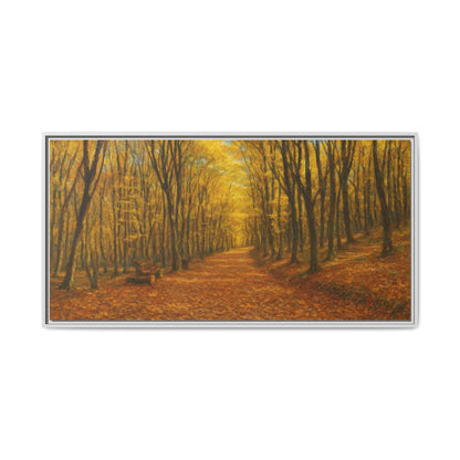 Autumn forest path matte canvas wall art framed print by Printify, featuring a scenic forest trail in warm fall colors.