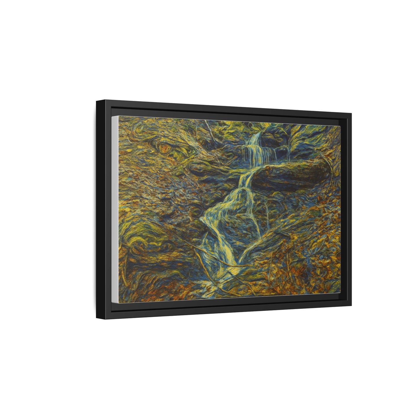 Framed matte canvas wall art of an autumn forest with a waterfall, designed by Printify, showcasing vibrant natural scenery.