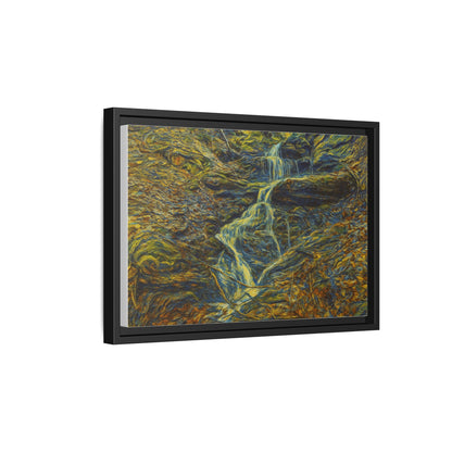 Framed matte canvas wall art of an autumn forest with a waterfall, designed by Printify, showcasing vibrant natural scenery.