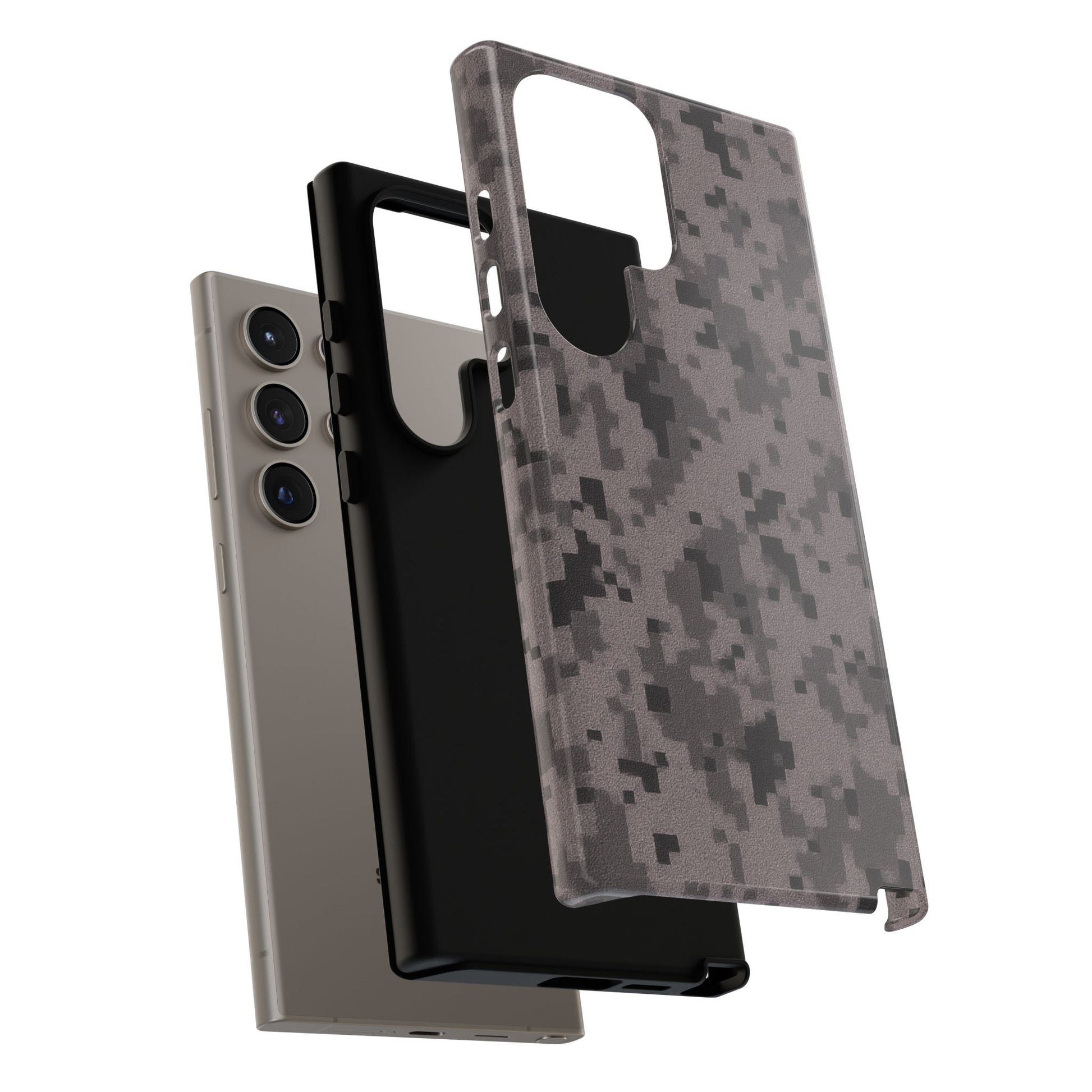 Gray digital camouflage phone case by Printify, tough protective cover designed for smartphones.