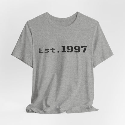 Vintage 1997 Established T-Shirt by Printify featuring bold "Est. 1997" text on a classic cotton tee.