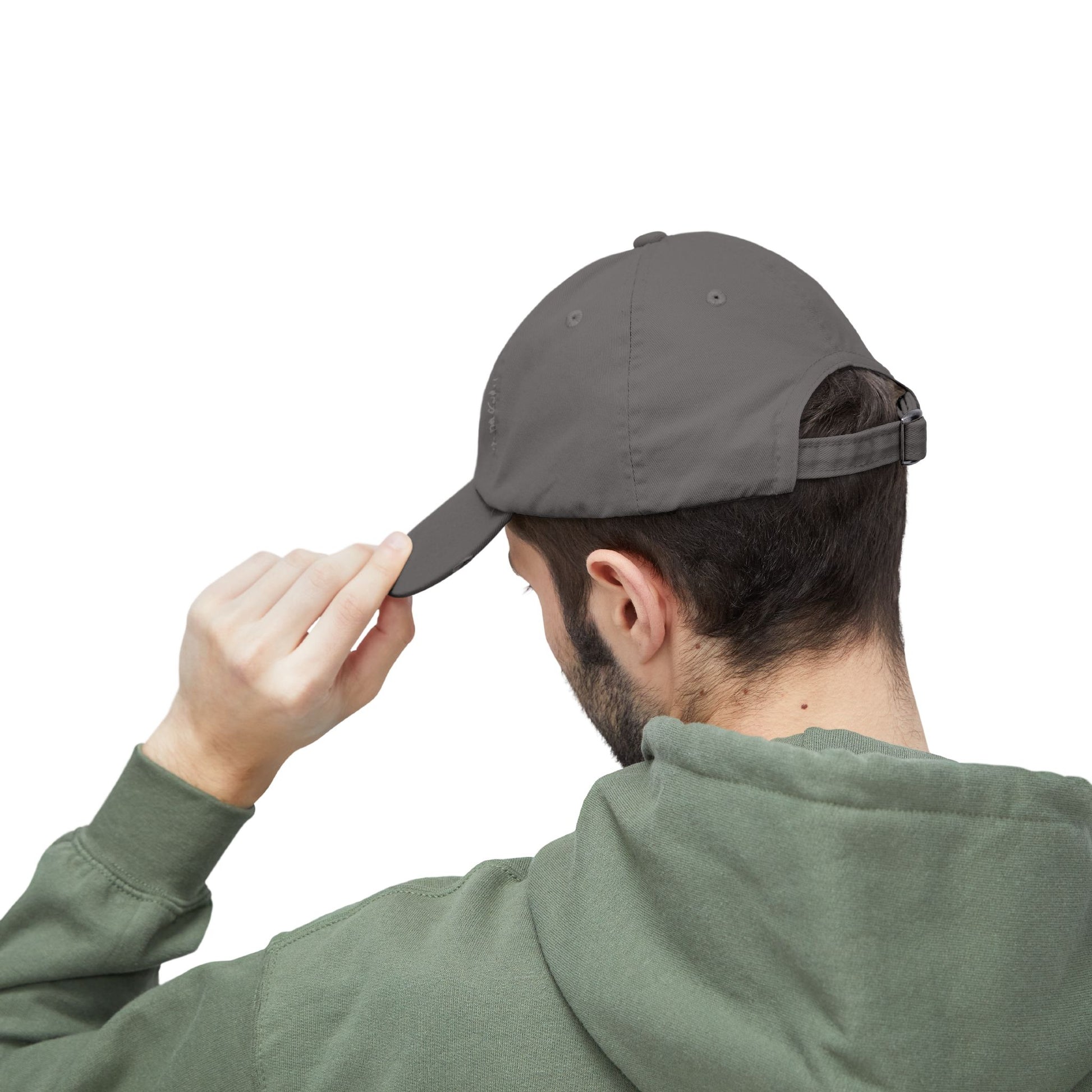 Distressed baseball cap with silhouette batter design, casual hat in a worn-out style by Printify, shown from front view.