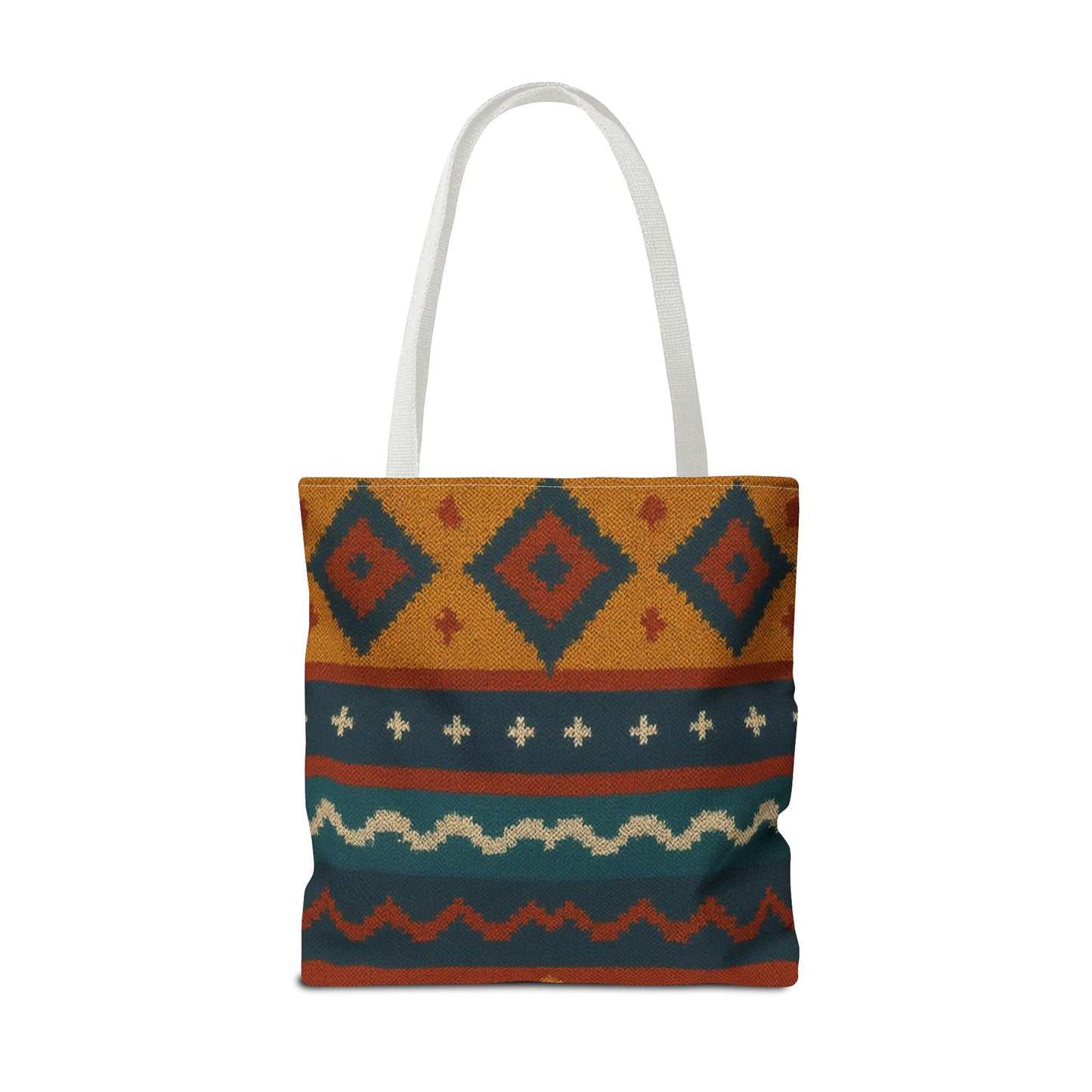 Southwestern diamond pattern tote bag with Aztec tribal geometric print, made by Printify, featuring vibrant fabric and sturdy handles.