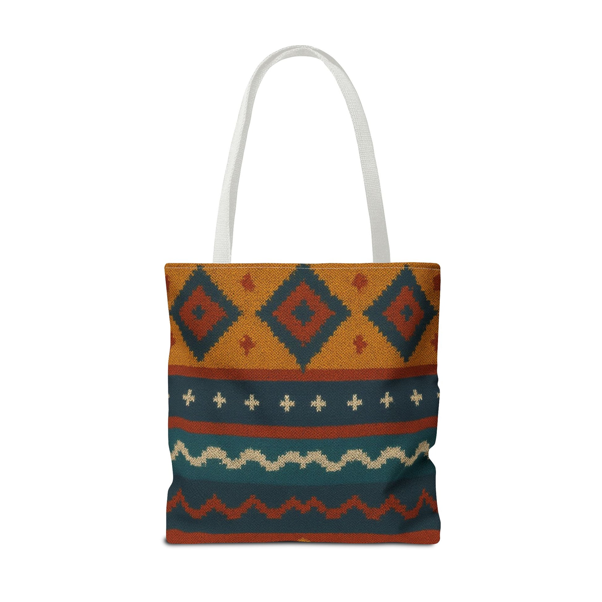 Southwestern diamond pattern tote bag with Aztec tribal geometric print, made by Printify, featuring vibrant fabric and sturdy handles.
