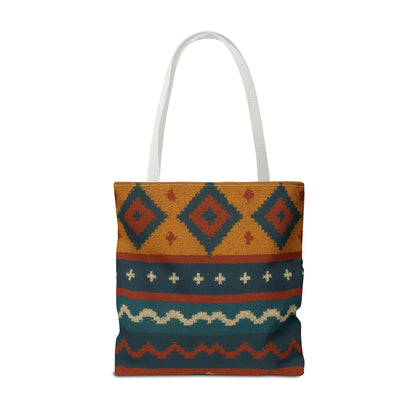 Southwestern diamond pattern tote bag with Aztec tribal geometric print, made by Printify, featuring vibrant fabric and sturdy handles.