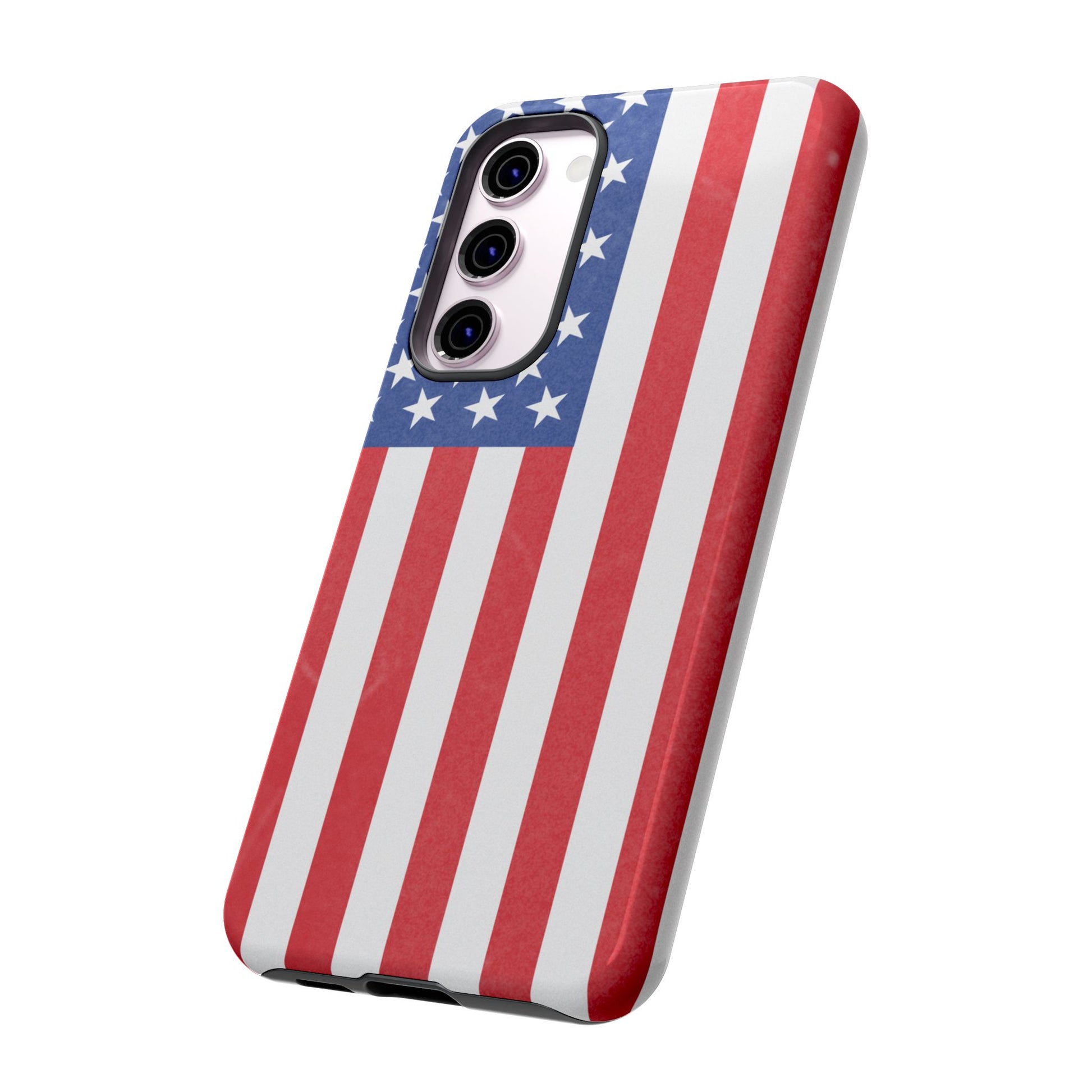 American flag tough phone case for iPhone and Samsung, patriotic protective cover featuring bold flag design.