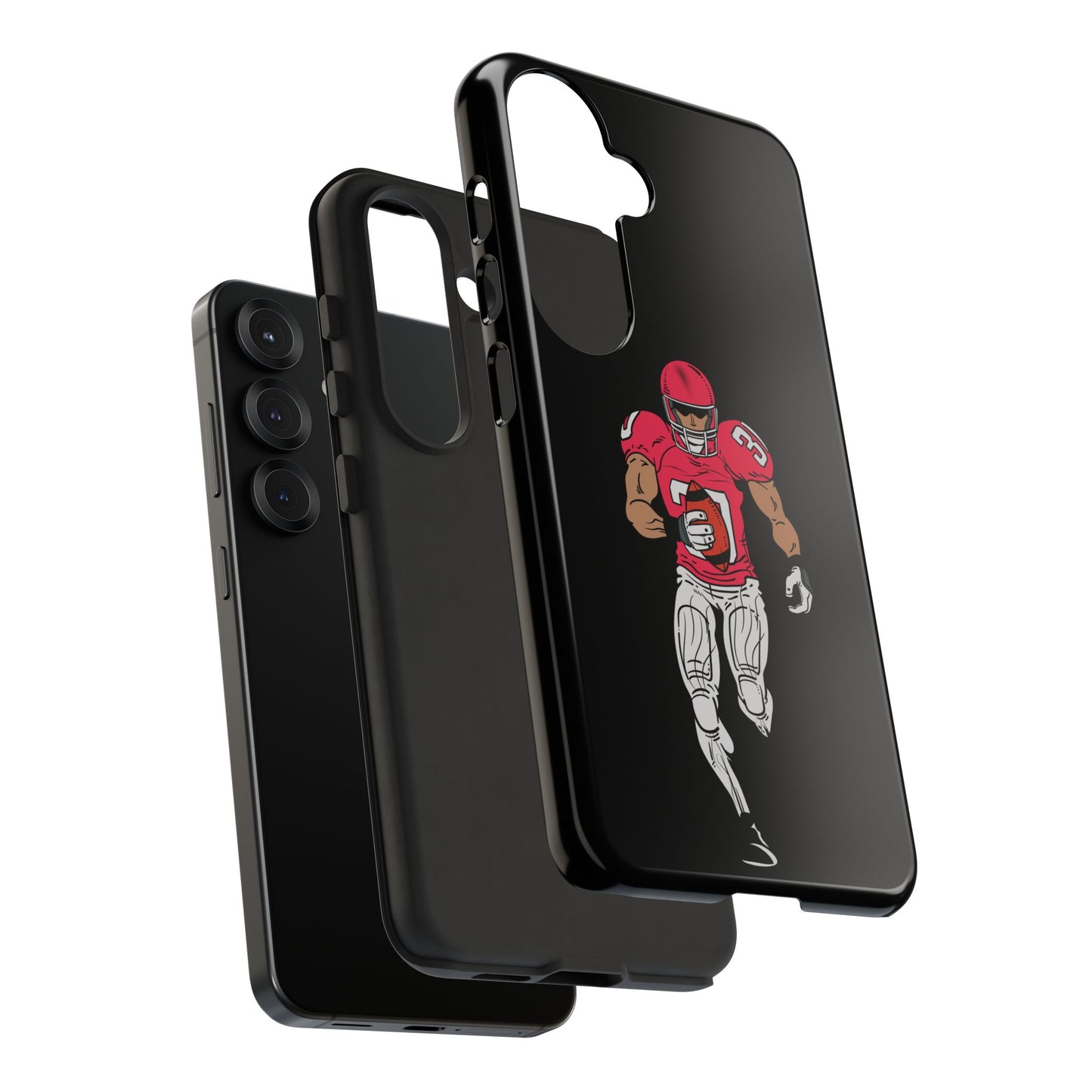 Black football player tough phone case for iPhone, durable protective sports-themed case by Printify, featuring athletic design.