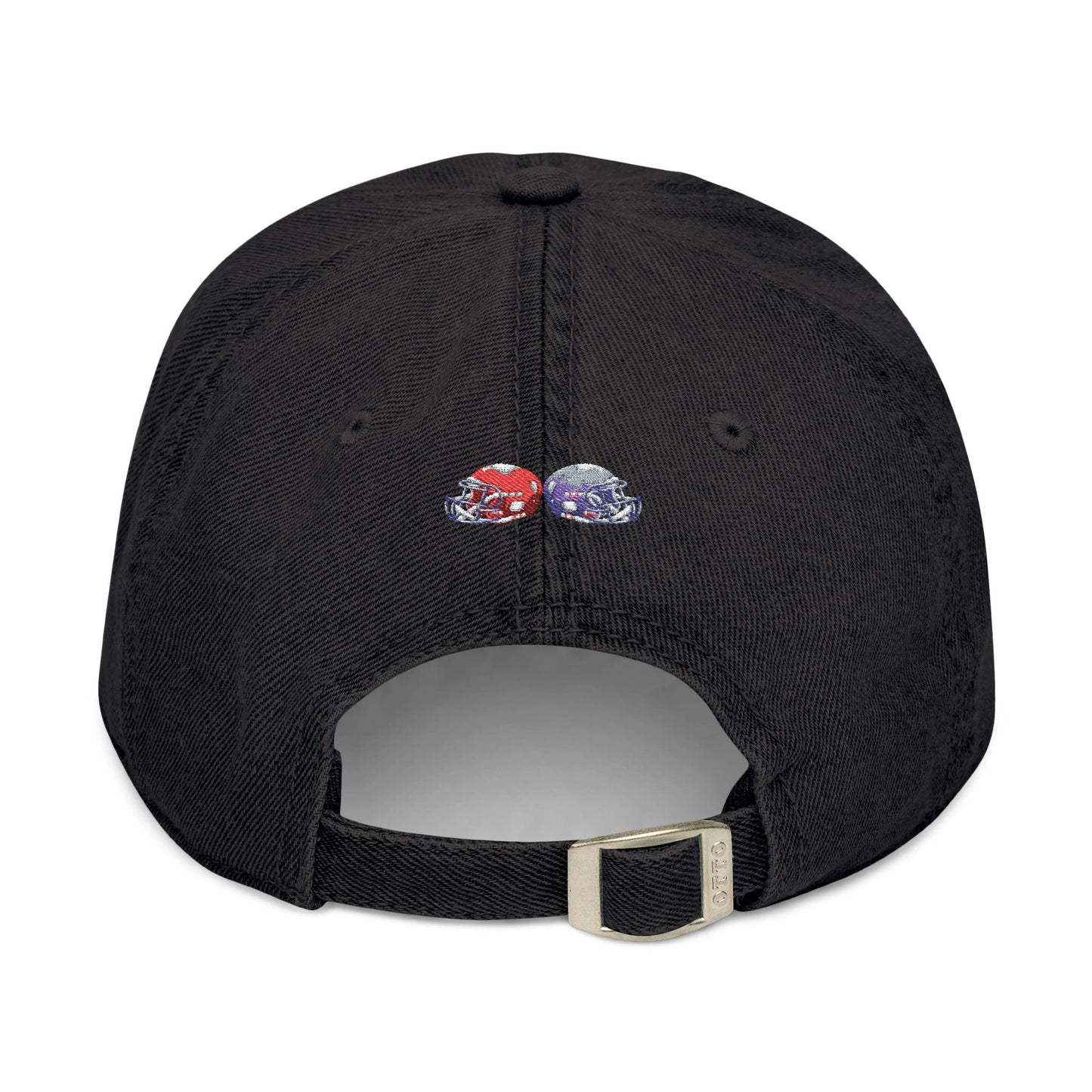 Red and blue embroidered football helmets denim hat by Printify, featuring team-inspired design on casual cap style.