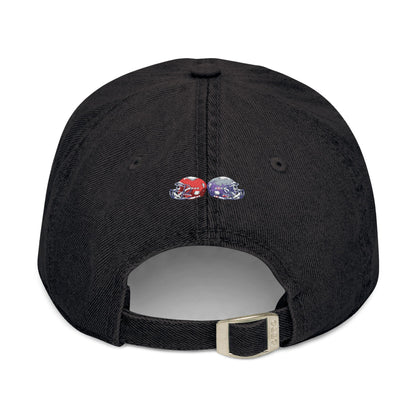 Red and blue embroidered football helmets denim hat by Printify, featuring team-inspired design on casual cap style.