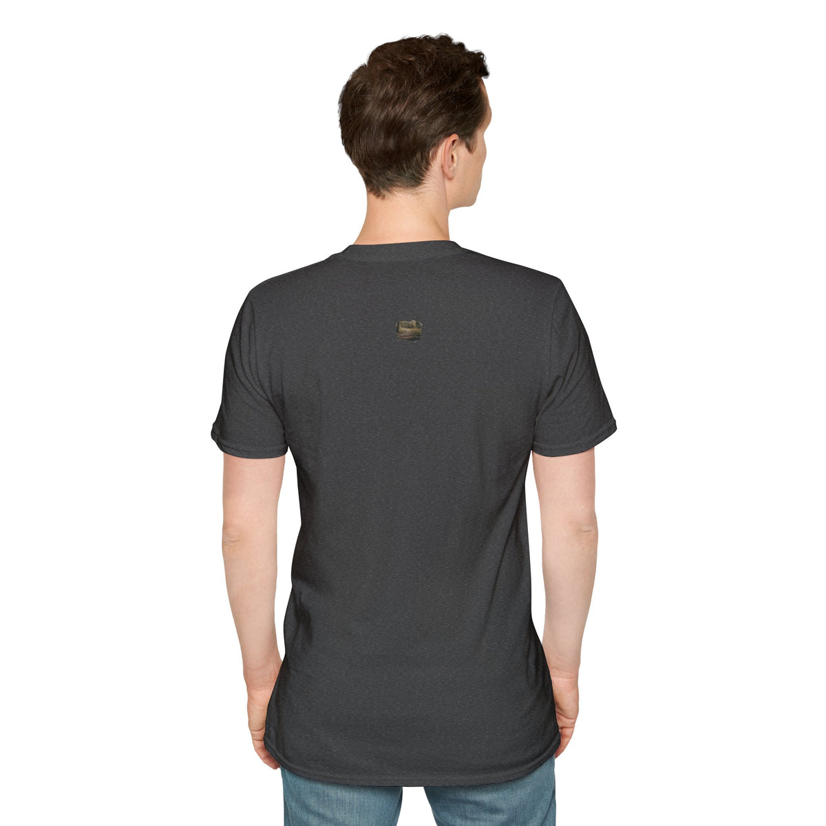 Vintage forest landscape T-shirt by Printify featuring a nature pathway design on a casual men's T-shirt.