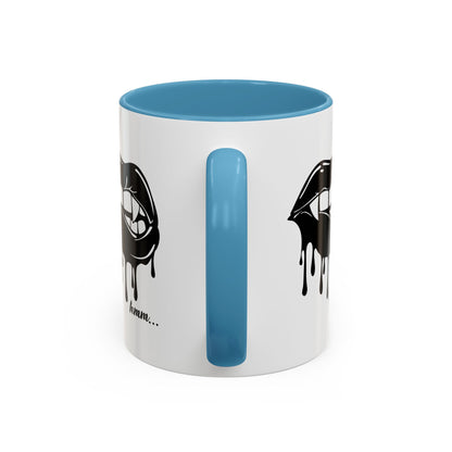 Black dripping lips accent coffee mug with bite graphic, 11oz or 15oz size, featuring bold print and modern design.