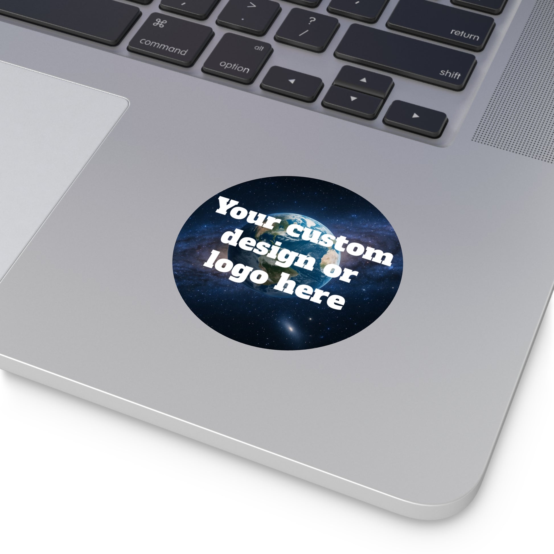 Custom Earth Space design round vinyl sticker with space-themed artwork, perfect for decorating notebooks or laptops.