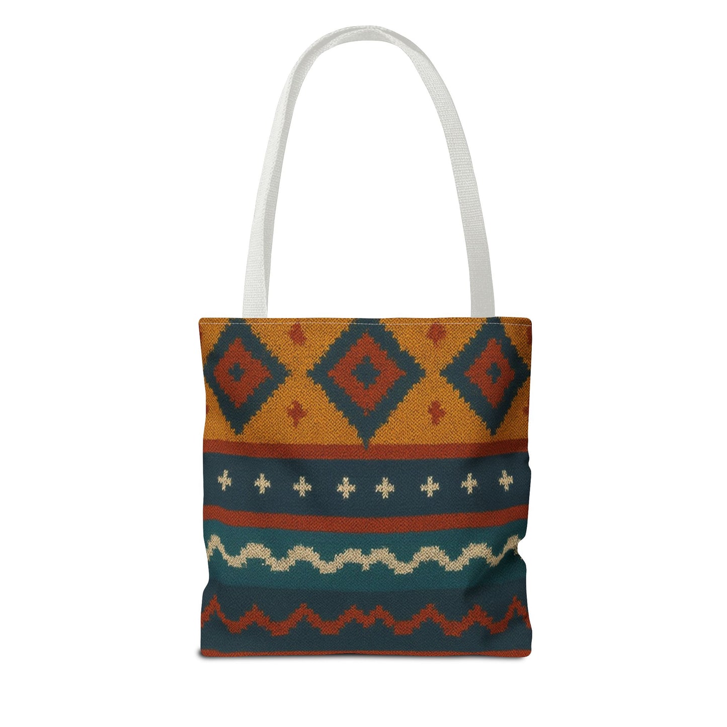 Southwestern diamond pattern tote bag with Aztec tribal geometric print, made by Printify, featuring colorful woven design and sturdy handles.