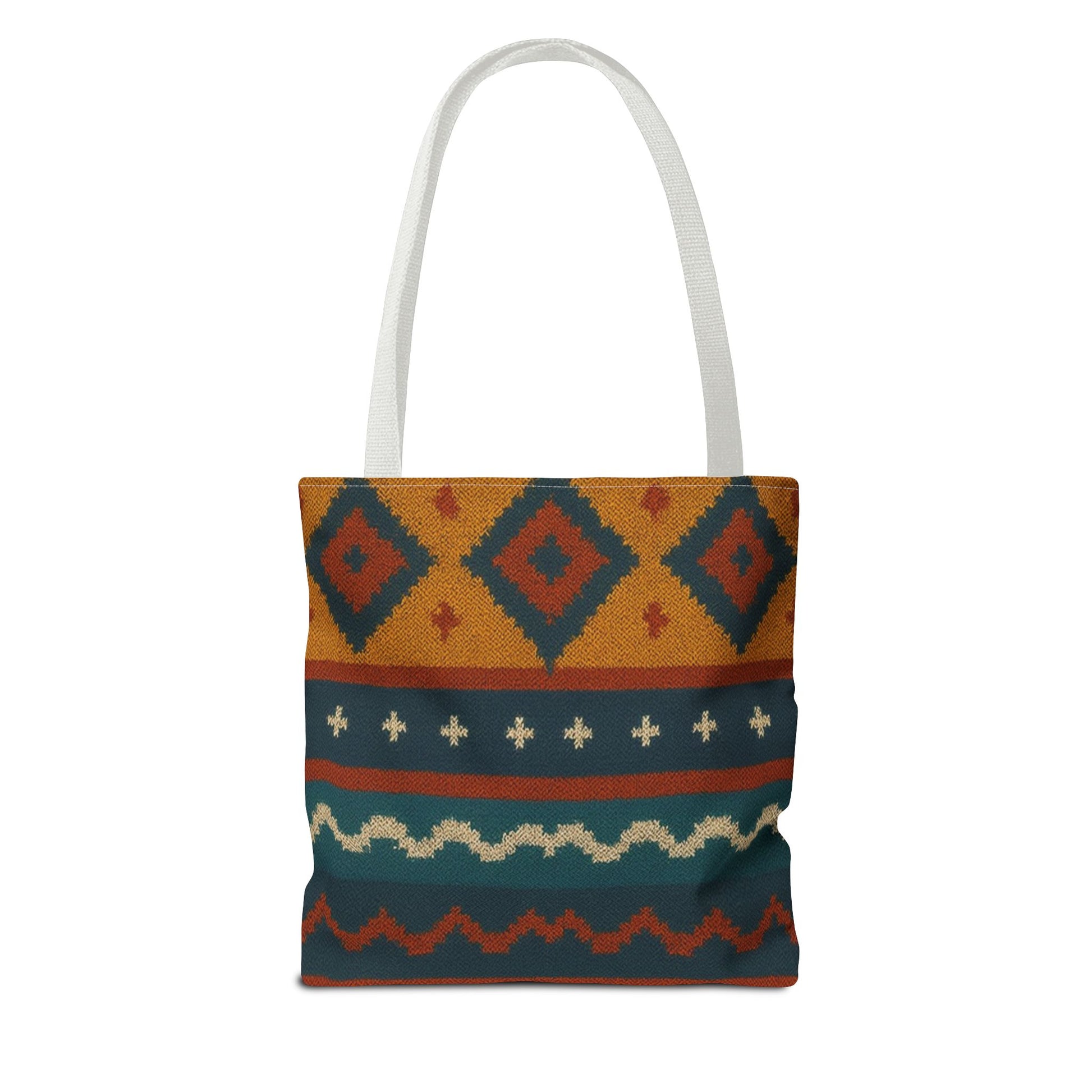 Southwestern diamond pattern tote bag with Aztec tribal geometric print, made by Printify, featuring colorful woven design and sturdy handles.