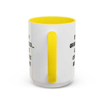 Funny coffee mug featuring coffee beans with the phrase "Stay Grounded," 11oz Printify accent mug for coffee lovers.