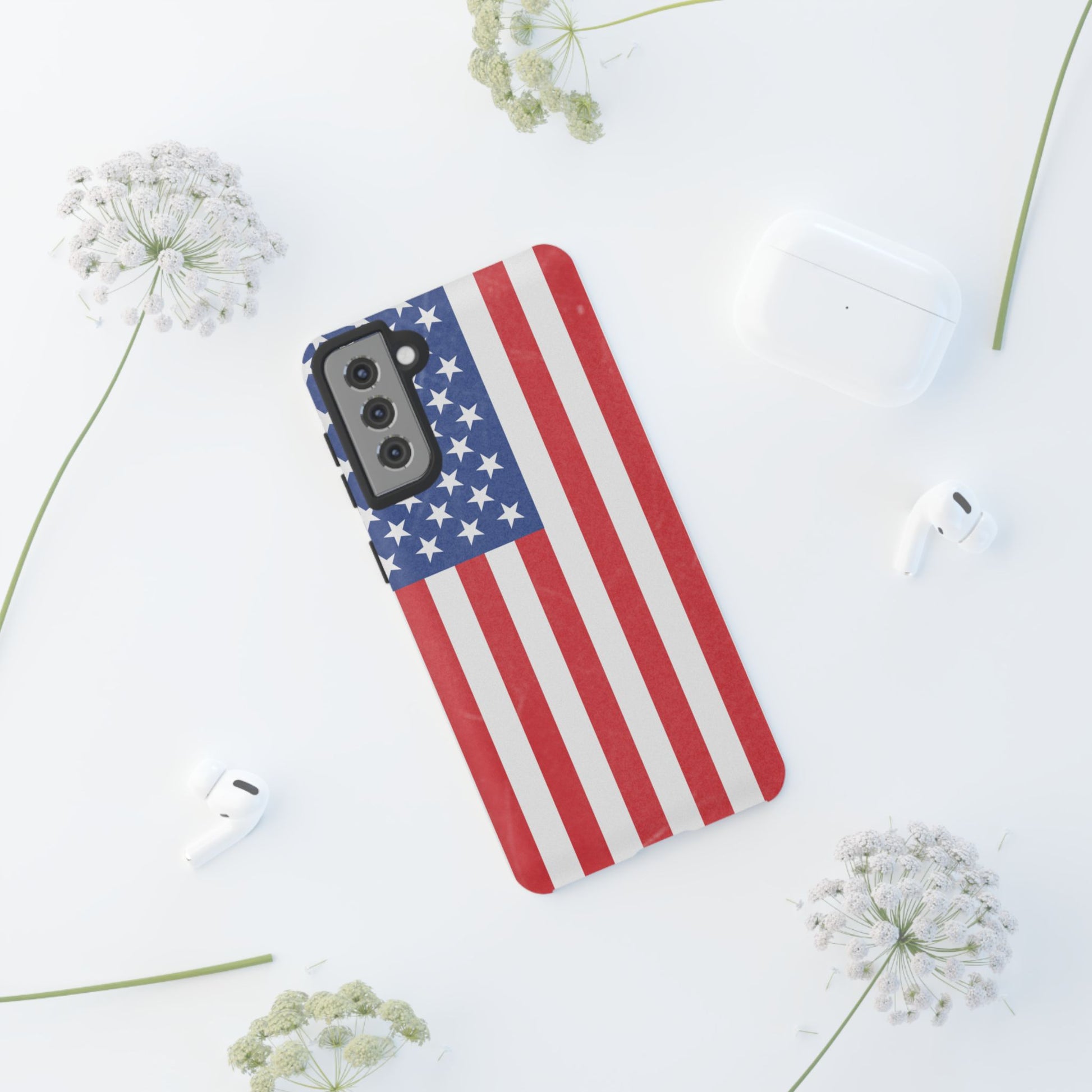 American flag tough phone case for iPhone and Samsung featuring patriotic design and durable protection.