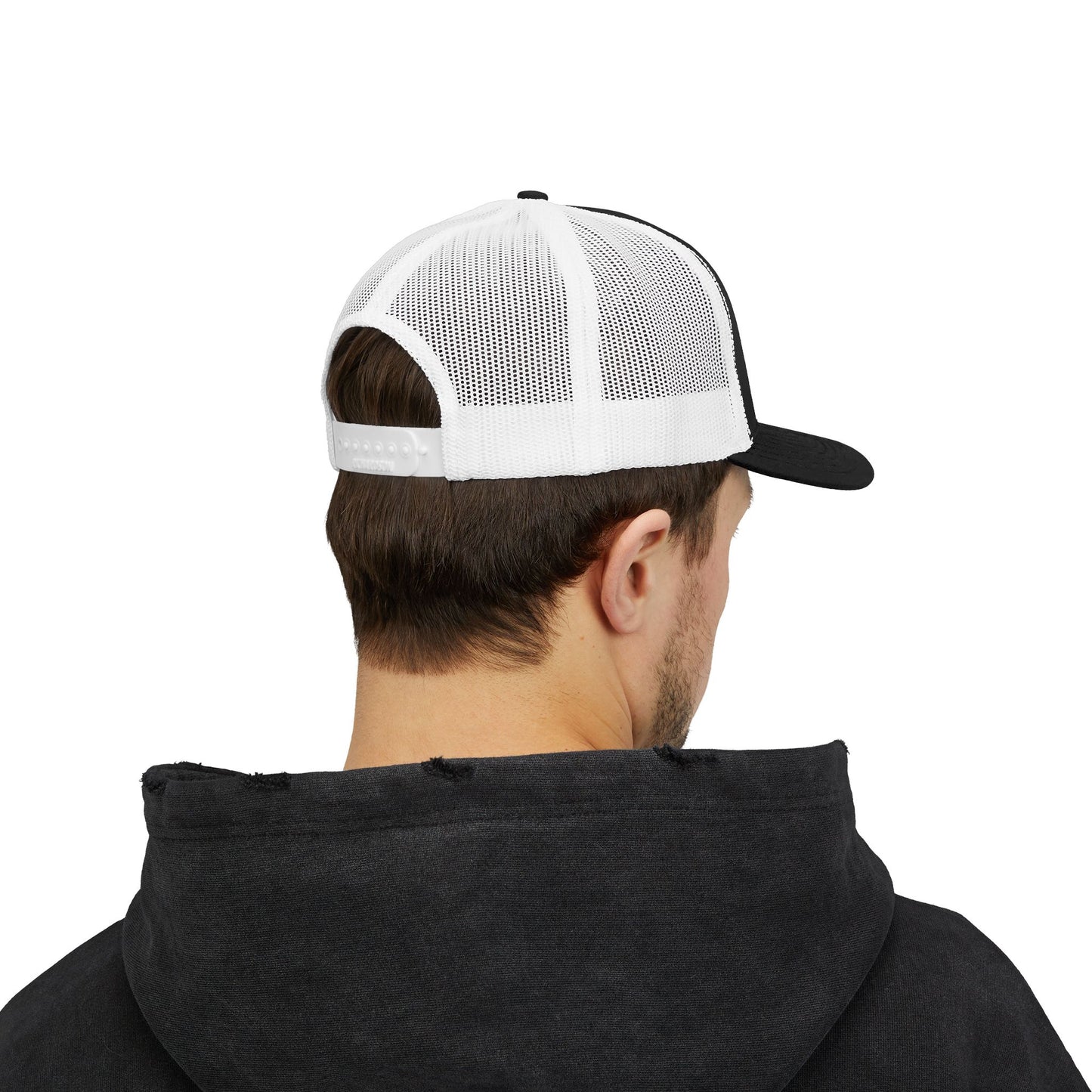 Vintage baseball snapback trucker cap with batter silhouette print, stylish hat by Printify featuring mesh back and adjustable strap.