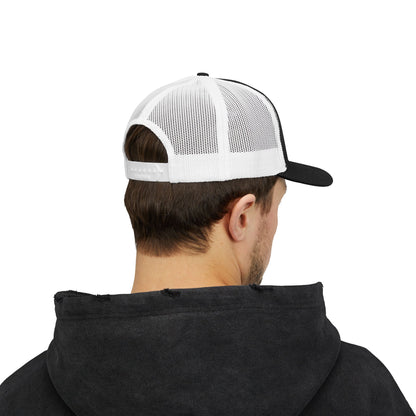 Vintage baseball snapback trucker cap with batter silhouette print, stylish hat by Printify featuring mesh back and adjustable strap.